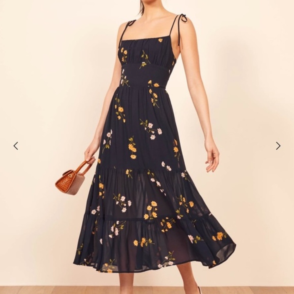 Reformation Kealy Midi Dress Navy Blue Floral Mademoiselle Tie Straps Size 6 EUC